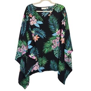 Belle Kim Gravel Tropical Leaf Floral Kaftan Poncho Tunic Top 2X Resortwear